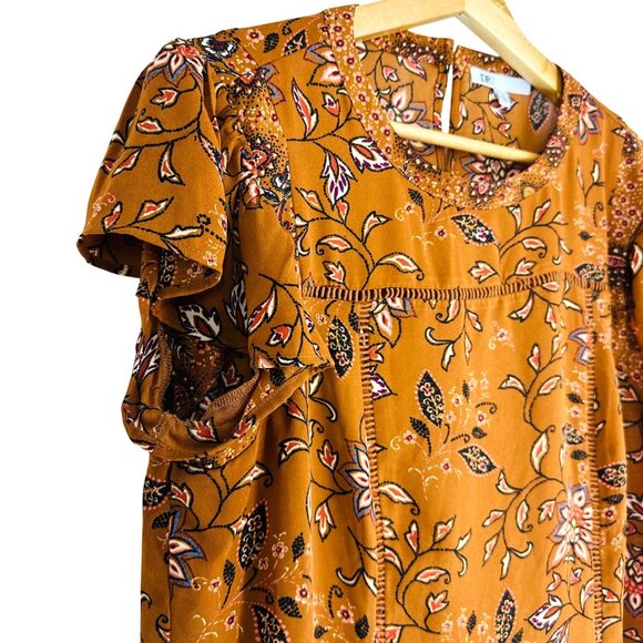 DR2 Copper Brown Floral Ruffle Sleeve Blouse Size M Semi-Sheer - Picture 3 of 8